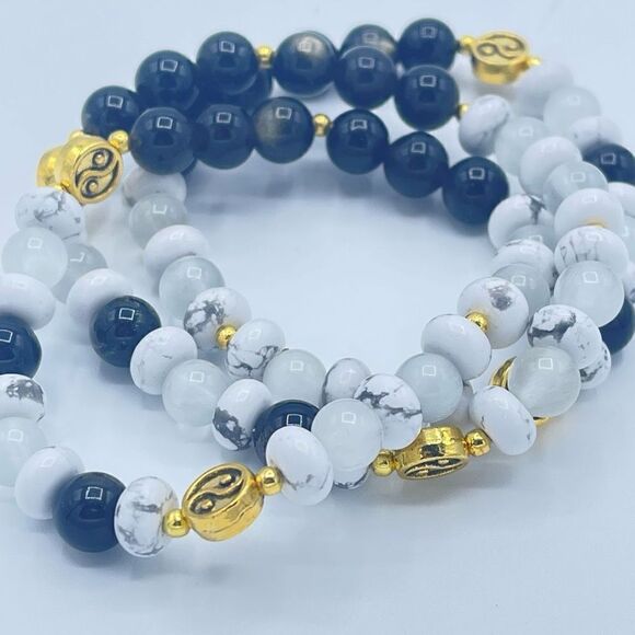 Yin Yang selenite golden obsidian howlite beaded stretch bracelet ONE NEW crysta - Picture 4 of 8